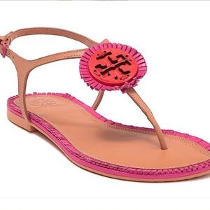 Tory Burch Miller Fringe Flat Ankle Strap Sandal Pink/Orange/Tan Size 7.5